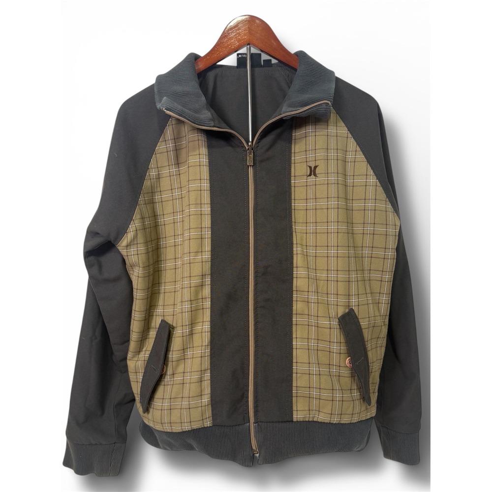 Hurley Jacket Men's Medium Full Zip‎ Plaid Bomber Track Skater Streetwear Tan